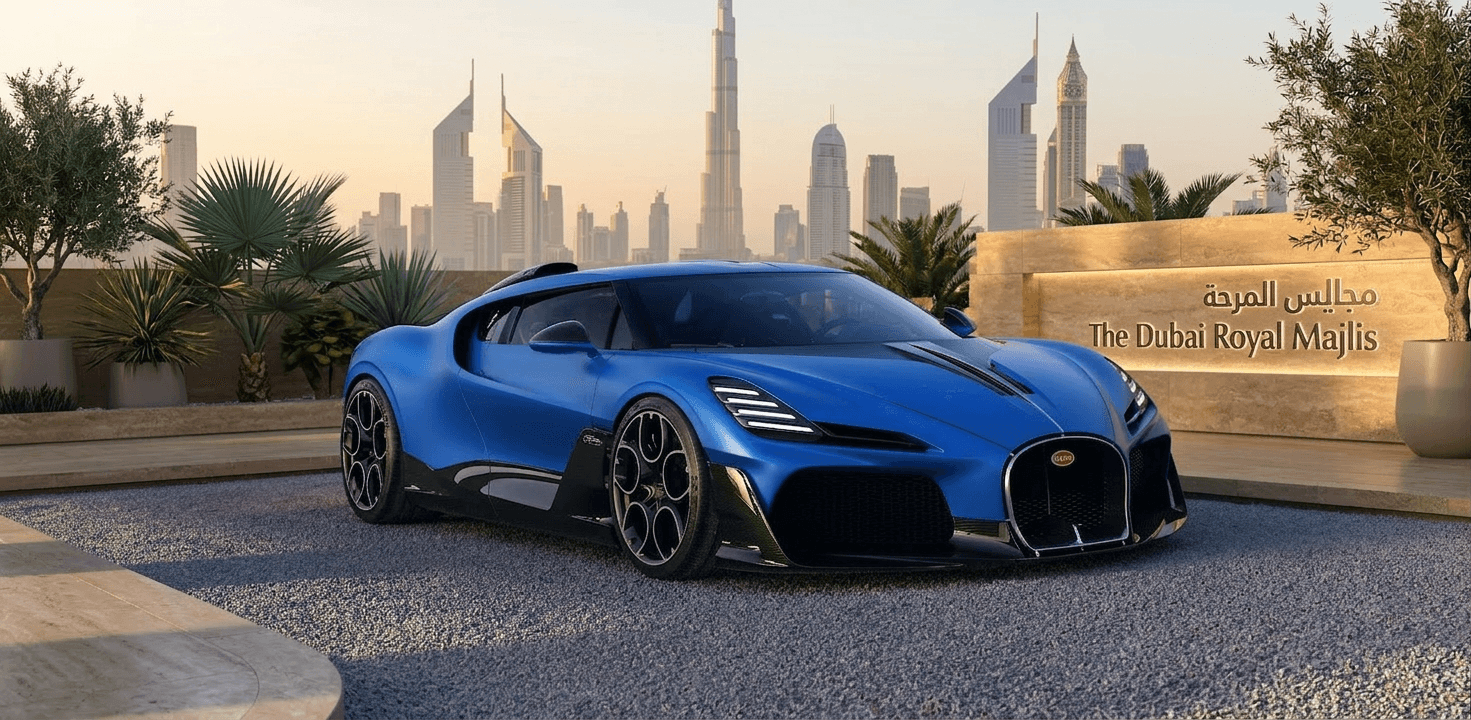 Change the background to Dubai and make the car Bugatti Blue