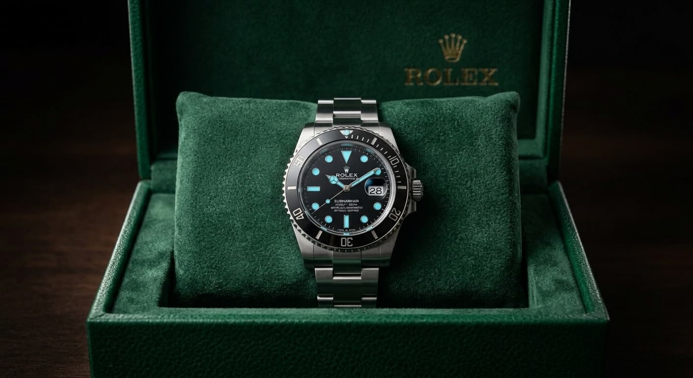 Rolex Submariner in its iconic green presentation box, studio lighting