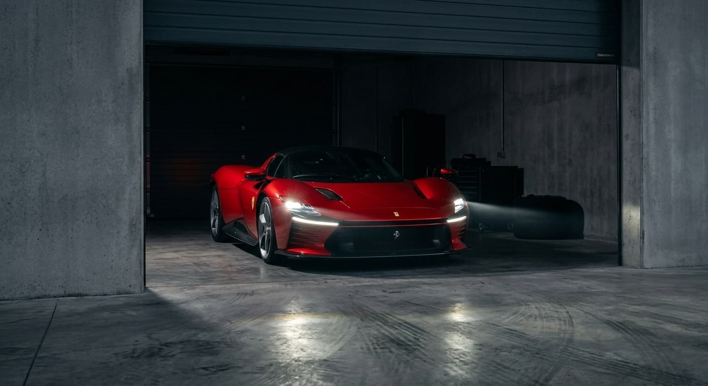 Ferrari emerging from minimalist garage