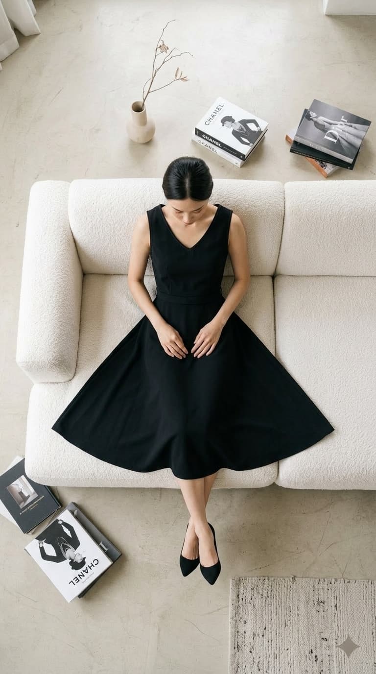 Aerial top-down of elegant woman on a pristine white sofa, fashion editorial