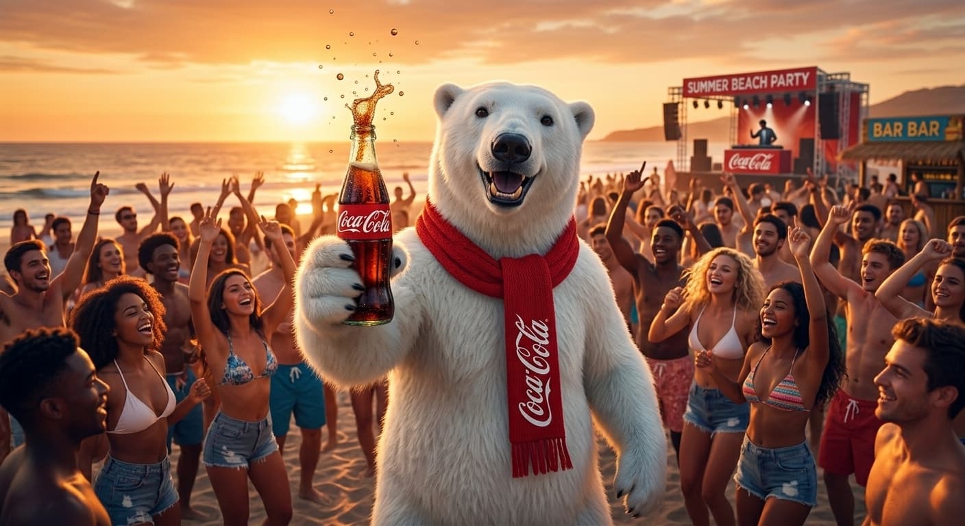 Joyful polar bear with a red scarf holding an ice-cold Coca-Cola
