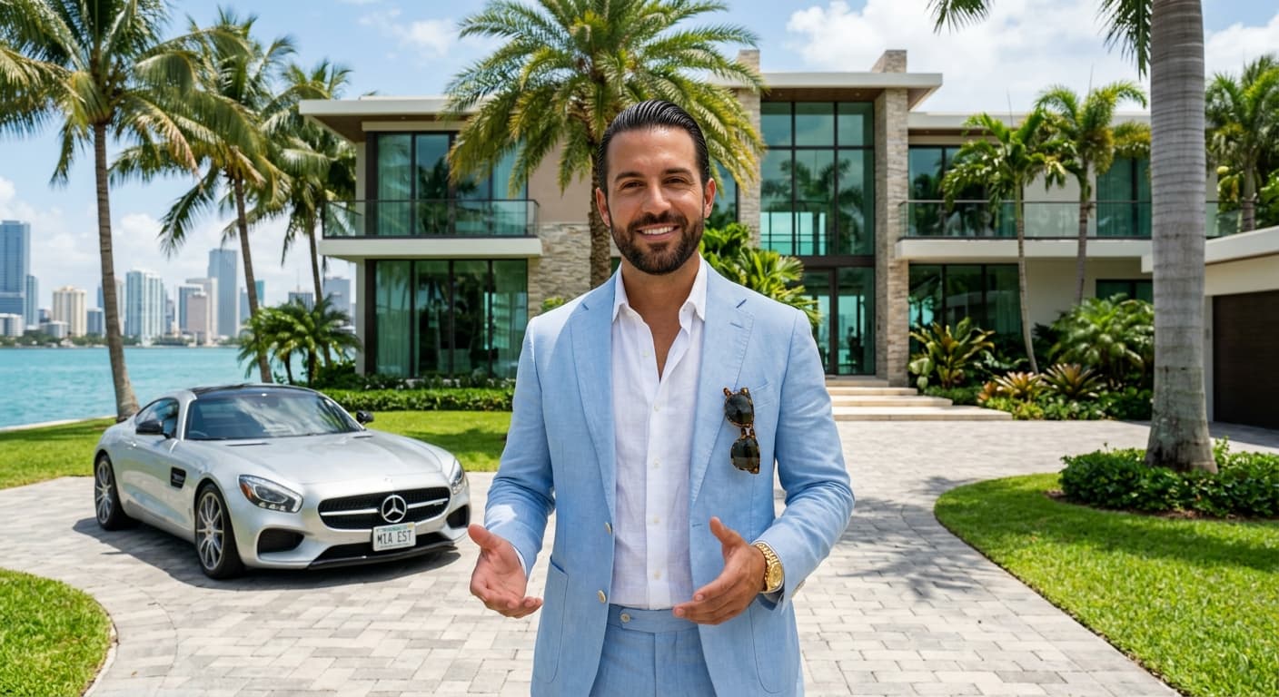 Suave real estate agent in a pastel linen suit, luxury mansion backdrop