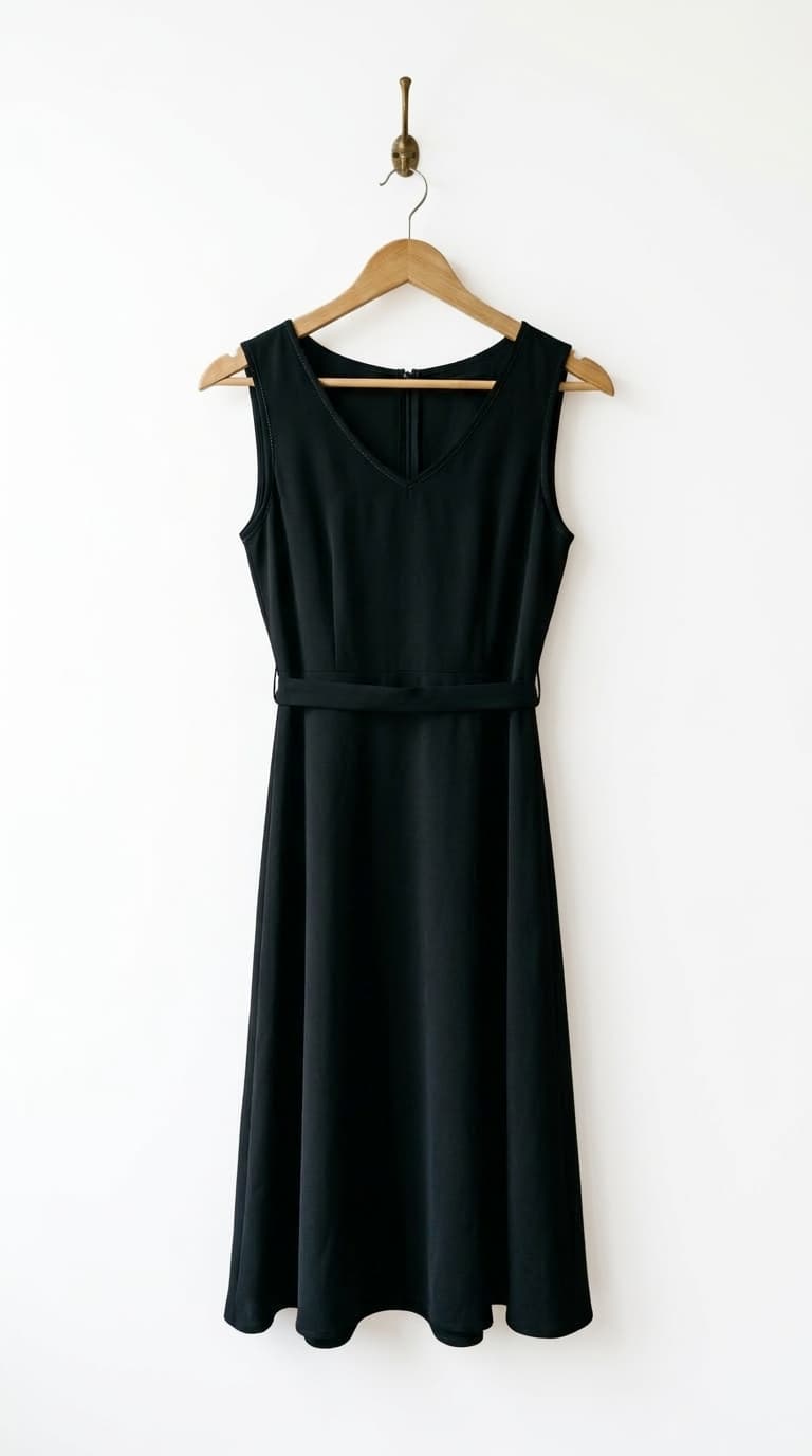 Classic sleeveless little black dress in a pristine white fashion studio