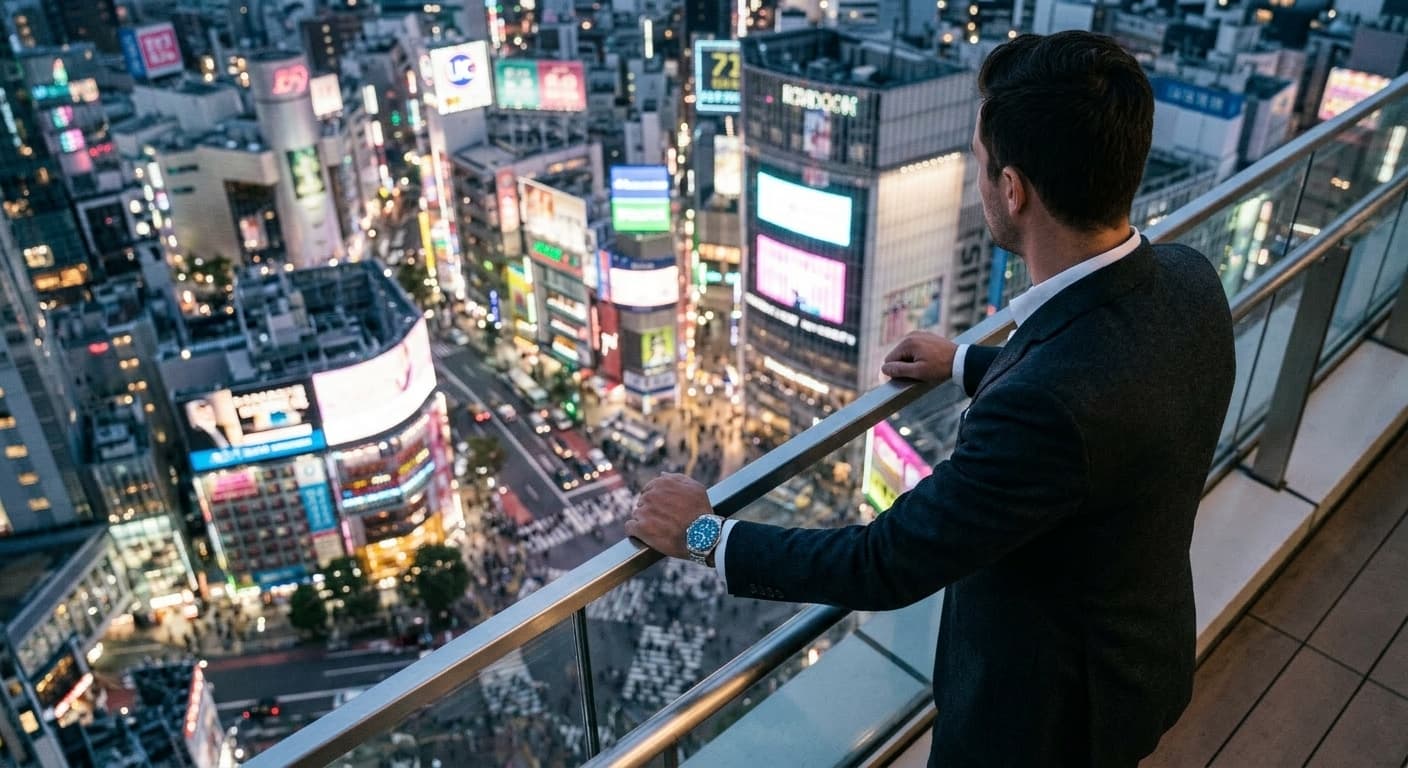 Drone shot of a man on a high-rise balcony overlooking city skyline