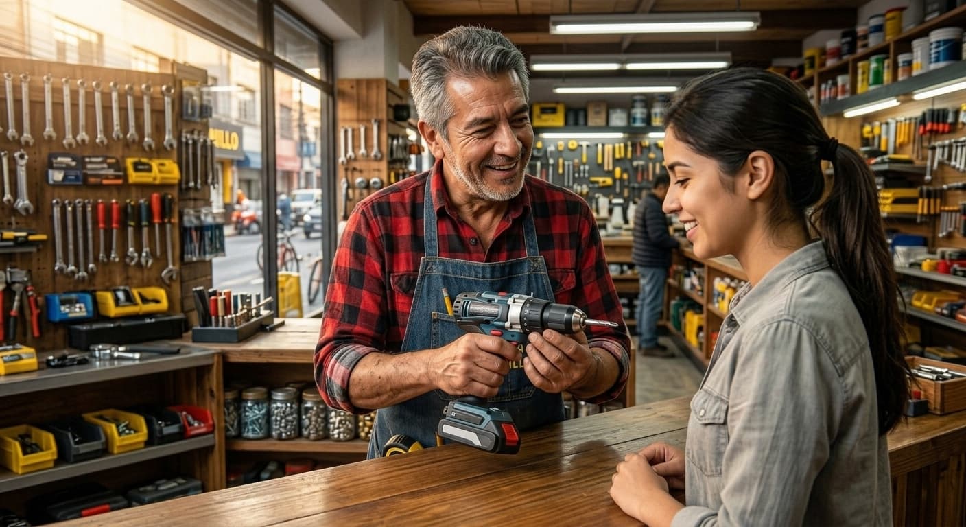Hardware store owner enthusiastically showing a sleek power drill