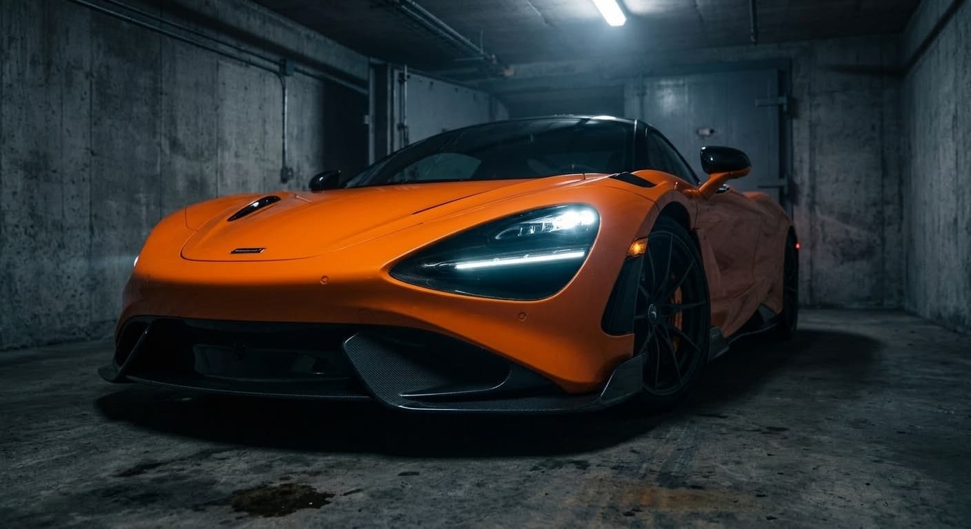 Orange McLaren supercar in a dimly lit underground bunker, dramatic shadows