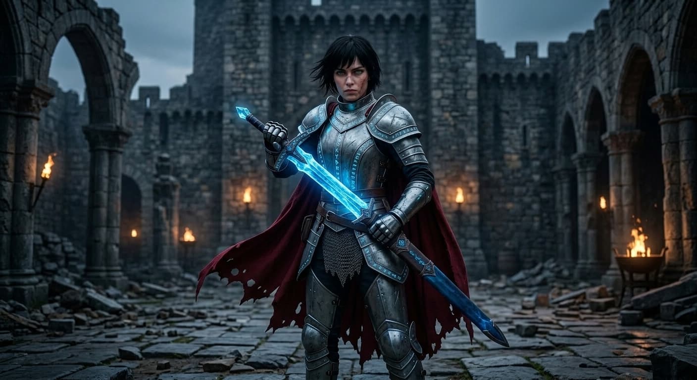 Knight in a ruined ancient courtyard, silver armor and torn crimson cape