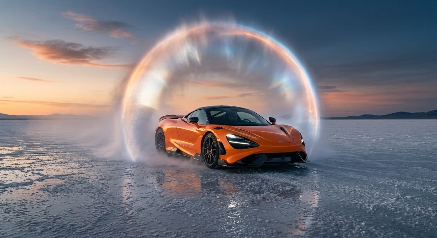 Papaya orange McLaren supercar on a vast salt flat at dawn