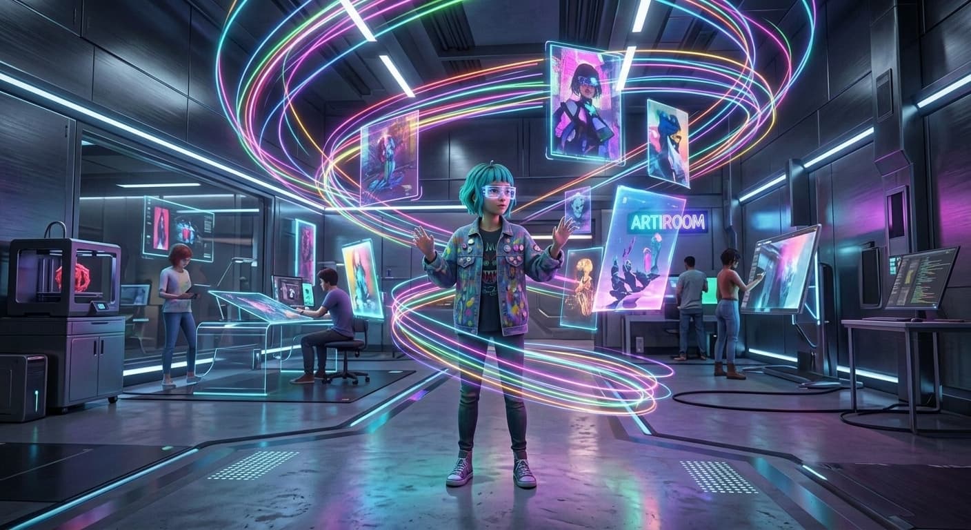 Young digital artist with vibrant teal hair in a paint-splattered studio