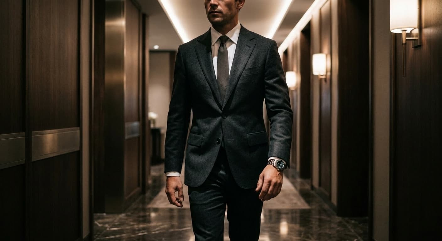Man in suit walking down a moody, softly lit luxury corridor